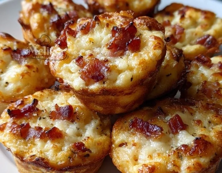 Maple beef bacon pancake muffins topped with syrup and served on a plate