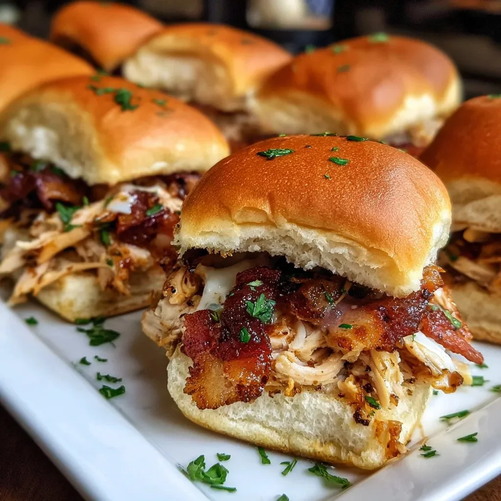 Maple Chicken Bacon Sliders topped with maple glaze and crispy bacon