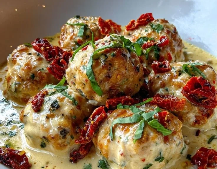Delicious Marry Me Chicken Meatballs served on a plate with herbs.