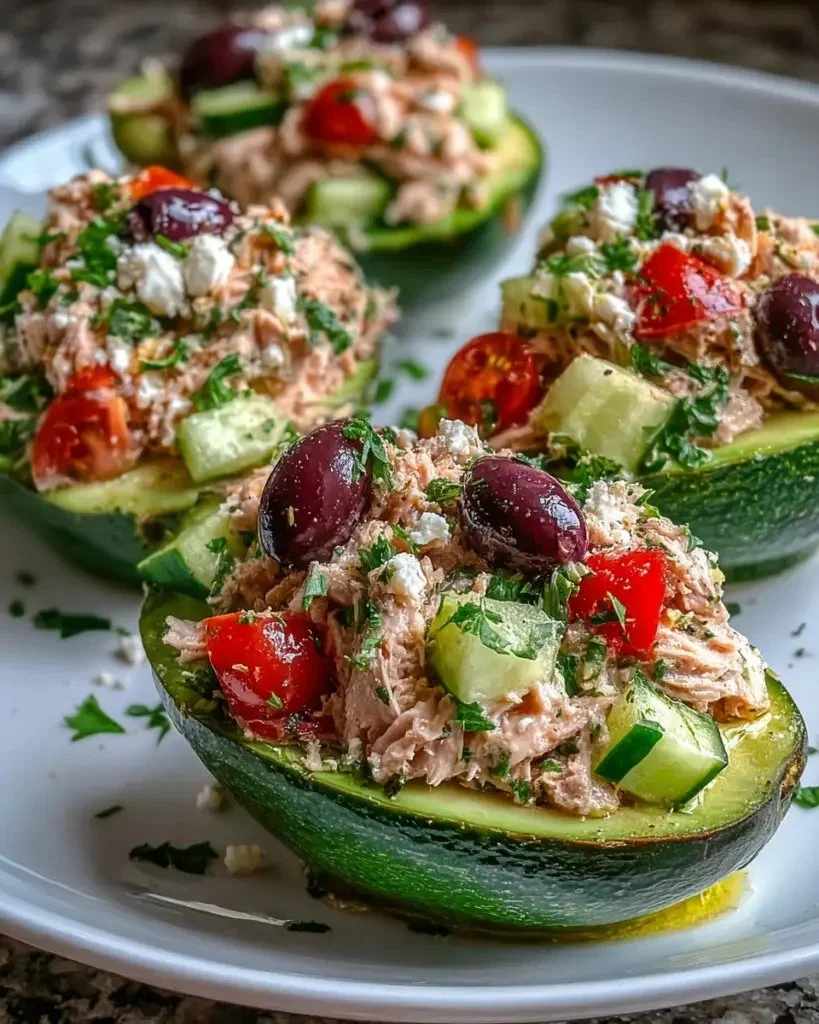 Mediterranean tuna salad served in halved avocados