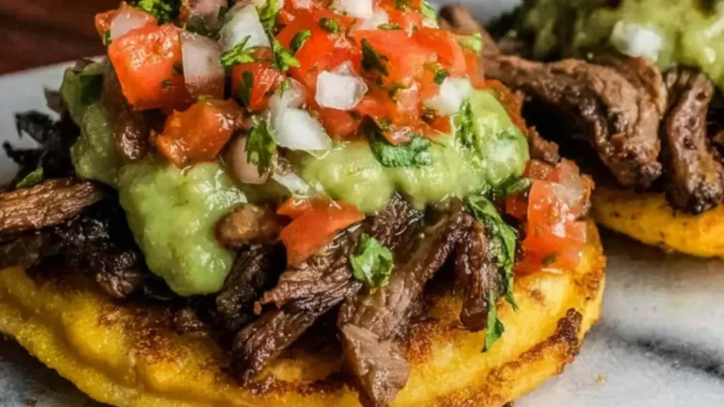Delicious grilled meat tostadas topped with fresh vegetables and sauce