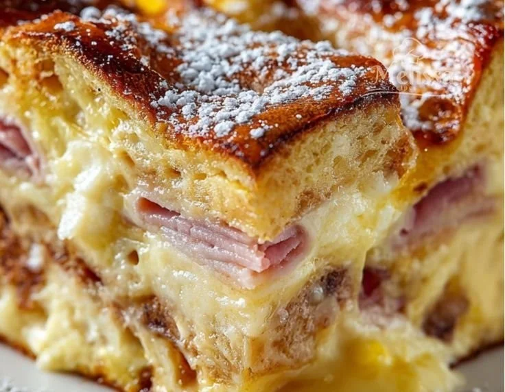 Delicious Monte Cristo Breakfast Casserole topped with crispy cheese and served warm.