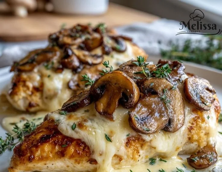 Savory Mushroom Asiago Chicken dish garnished with fresh herbs