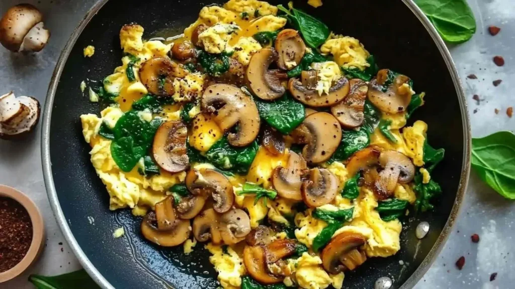 Delicious mushroom spinach scrambled eggs served on a plate