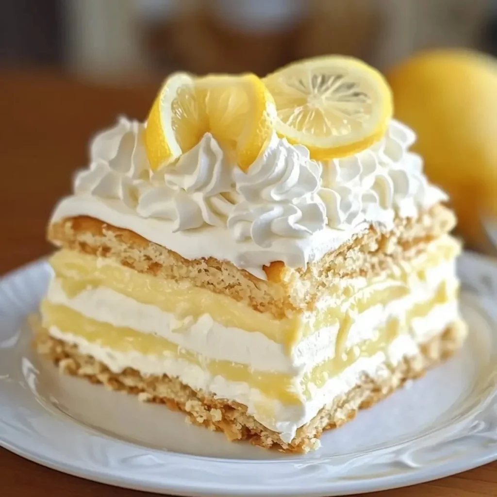 No-bake lemon éclair cake served on a plate with lemon slices