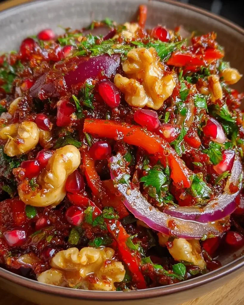 Olive Salad with Pomegranate and Walnuts served in a bowl