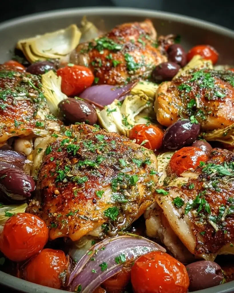 One-Pan Mediterranean Chicken with Olives and Artichokes garnished on a plate
