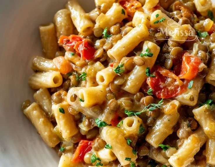 Plate of Pasta With Lentils topped with herbs and spices.