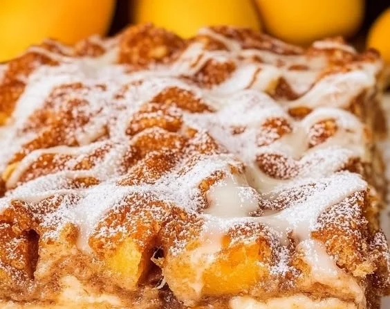 Delicious peach bread pudding dessert topped with fresh peaches and custard.