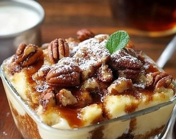 Pecan bourbon bread pudding served with caramel sauce