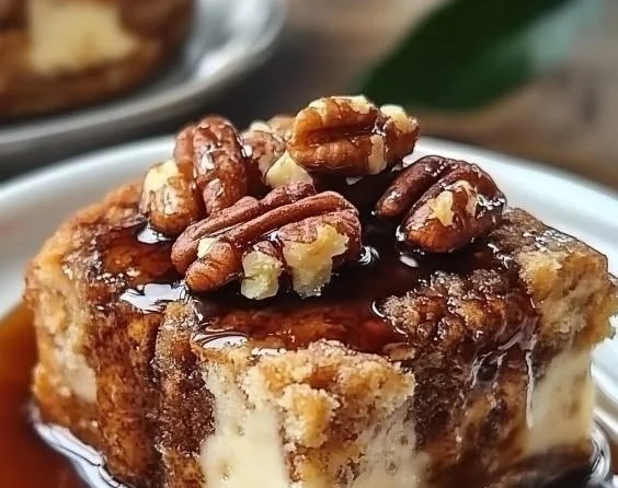 Delicious pecan bourbon bread pudding dessert with caramel drizzle