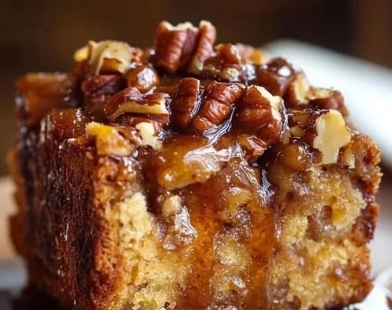 Delicious pecan caramel bread pudding served in a warm dish