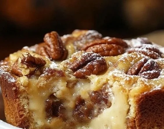 Delicious pecan pie bread pudding served in a warm dish with a golden crust.