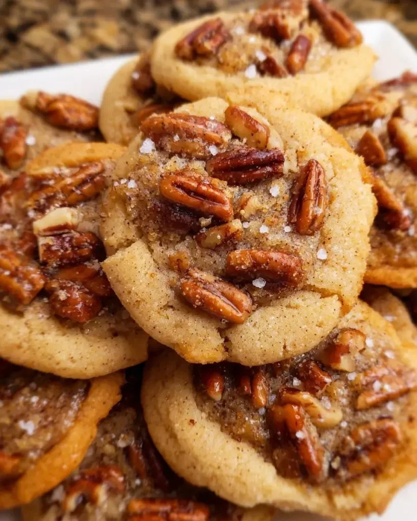 Pecan pie cookies topped with pecans on a plate