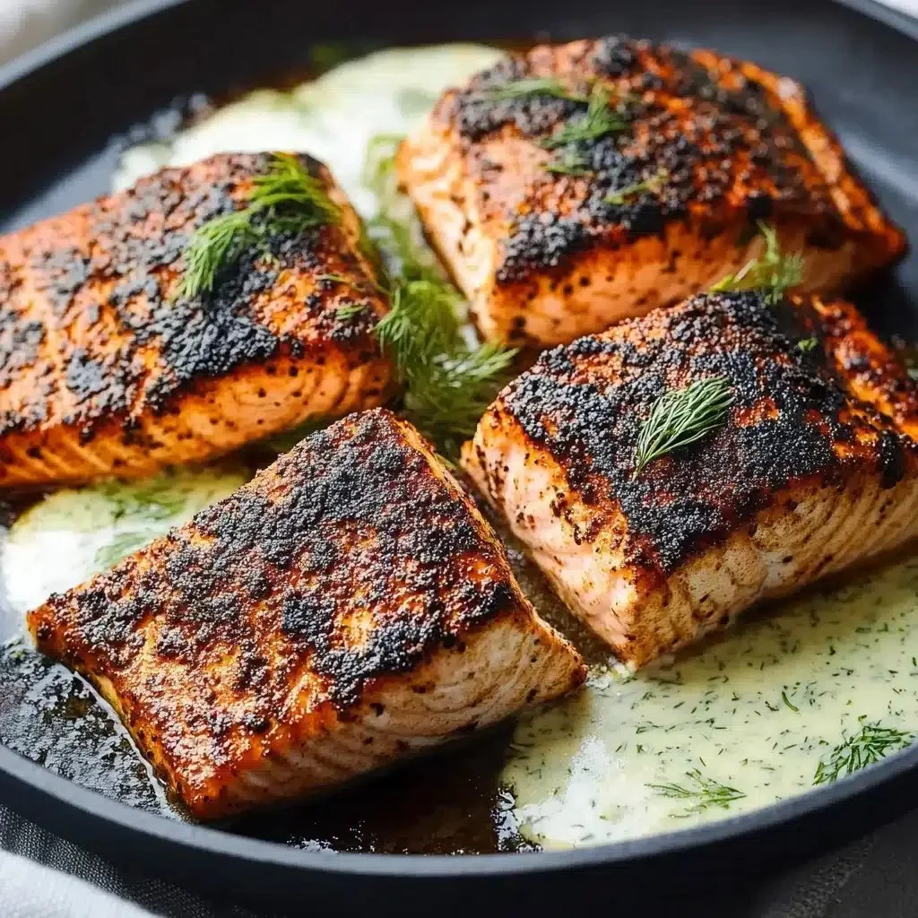 Plate of perfectly cooked blackened salmon with dill sauce on the side.
