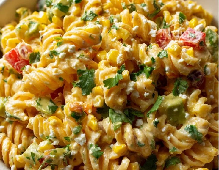 Delicious Mexican street corn pasta salad with fresh ingredients and vibrant colors
