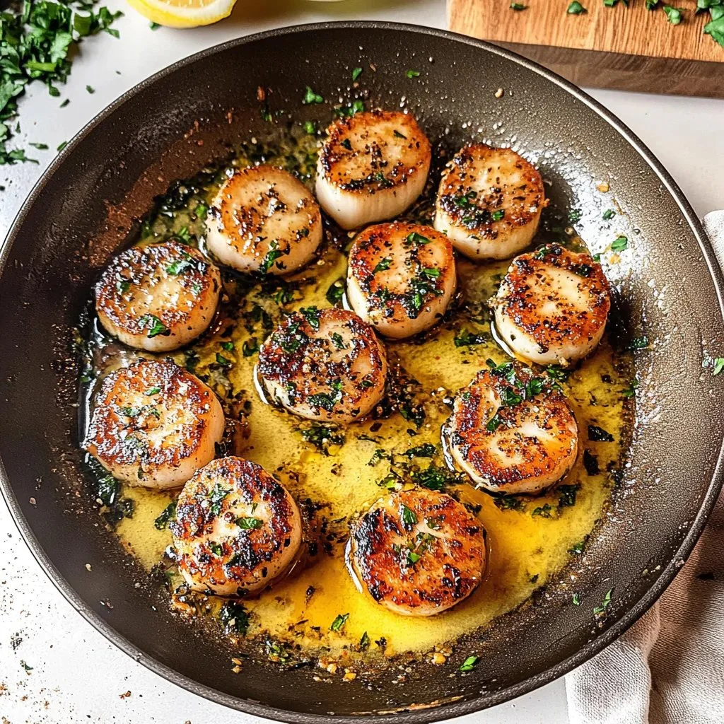 Plate of perfectly seared scallops garnished with herbs and lemon