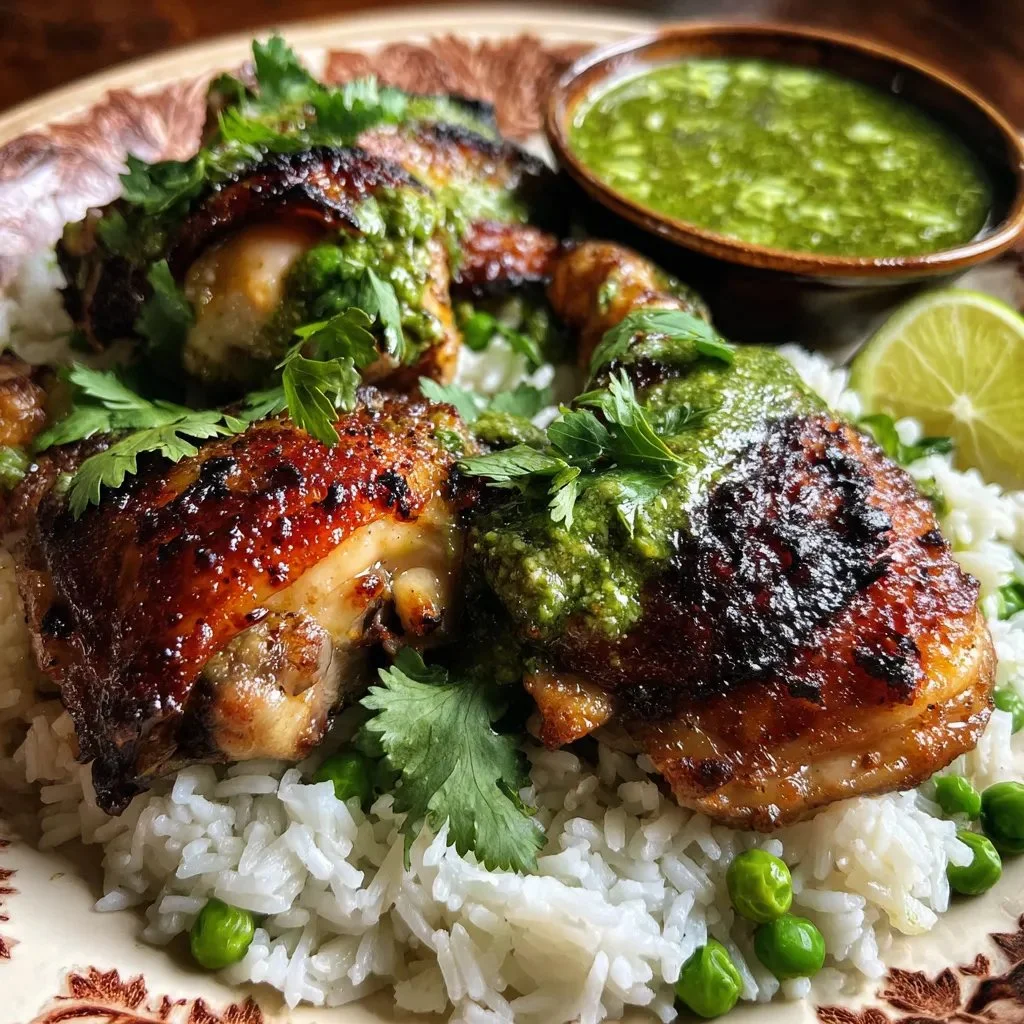 Plate of Peruvian chicken rice garnished with green sauce and fresh herbs