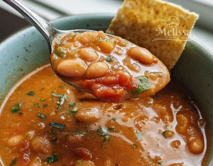 Delicious bowl of homemade pinto bean soup with fresh herbs and spices