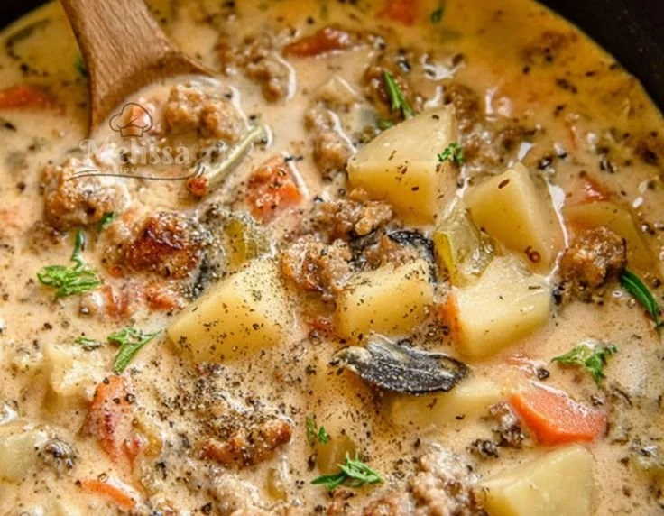 Bowl of delicious Potato And Sausage Chowder topped with fresh herbs