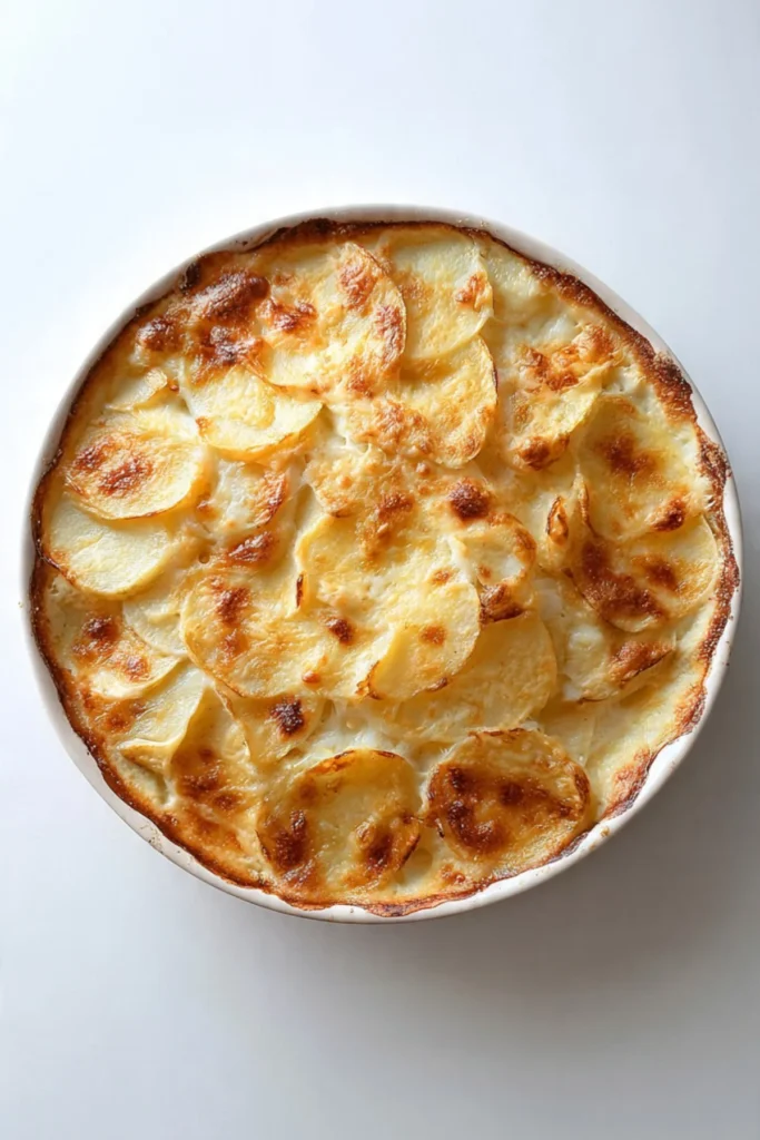 Deliciously baked Potato Gratin topped with golden cheese and herbs.