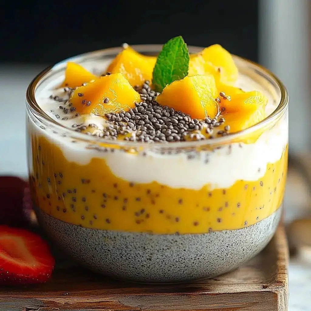 Delicious Protein Mango Coconut Chia Pudding served in a bowl