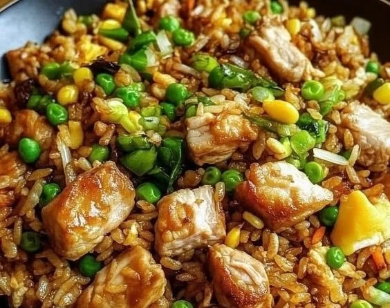 Delicious protein-packed chicken fried rice served with vegetables