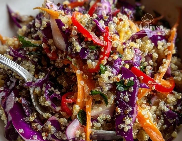 Quinoa and red cabbage salad topped with fresh herbs and vegetables
