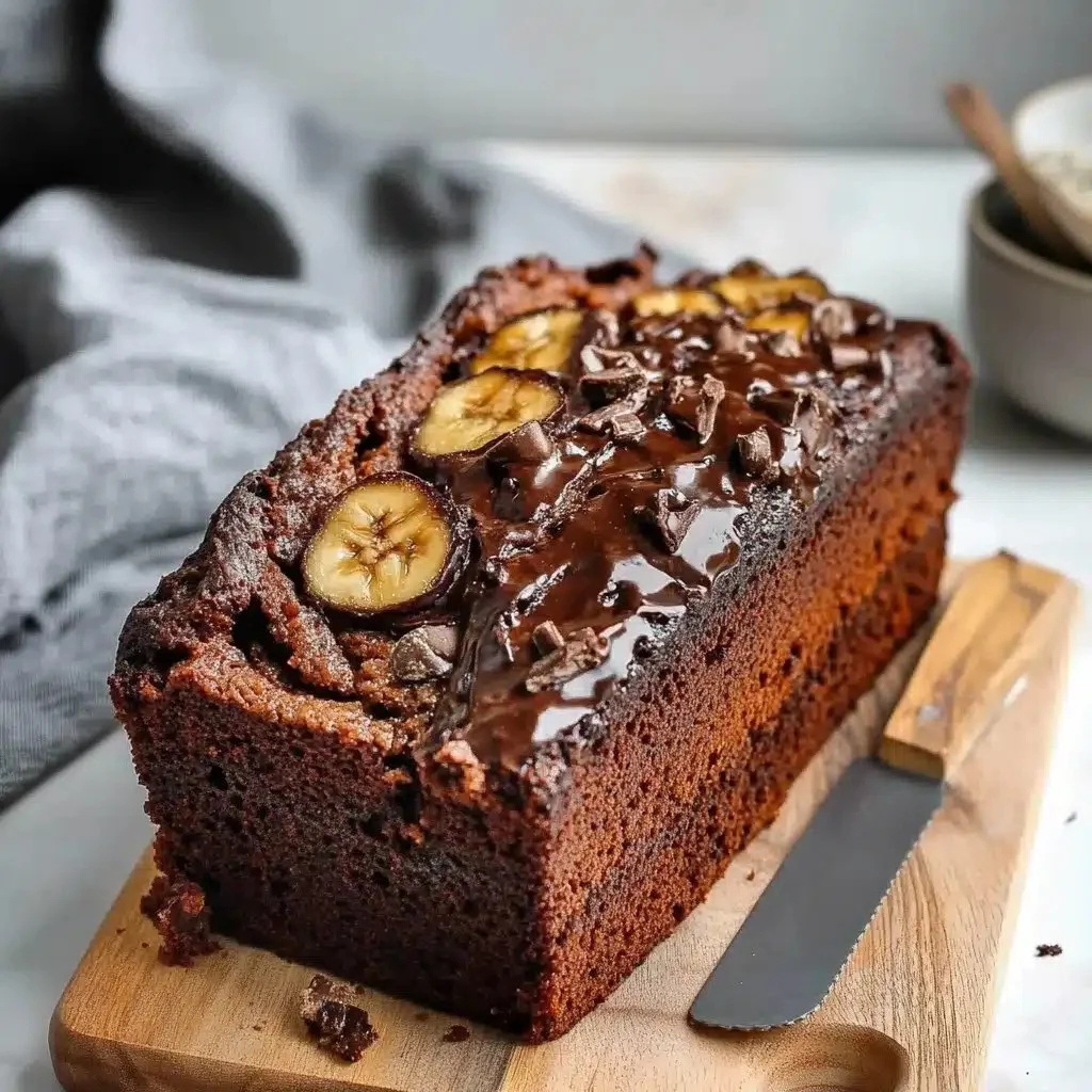 Slice of rich chocolate banana bread with chocolate chips and banana chunks