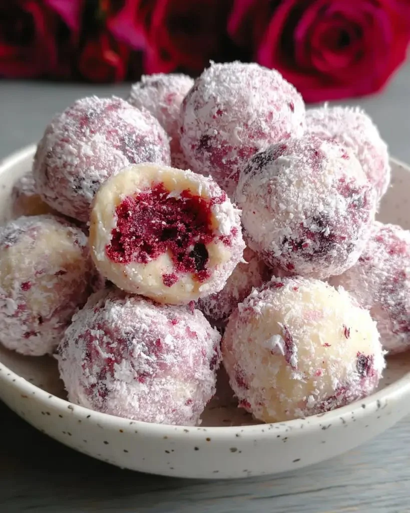 Delicious rose white chocolate truffles displayed on a decorative plate.