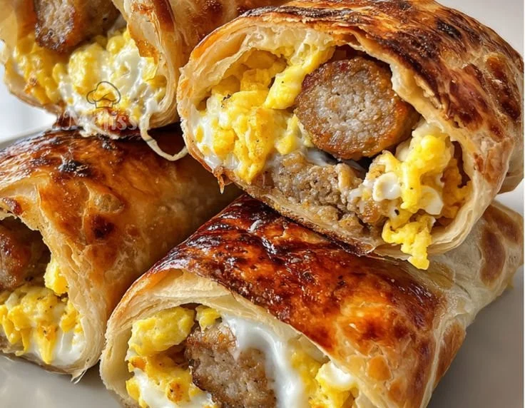 Sausage egg breakfast roll ups served on a plate, ideal for a hearty breakfast.