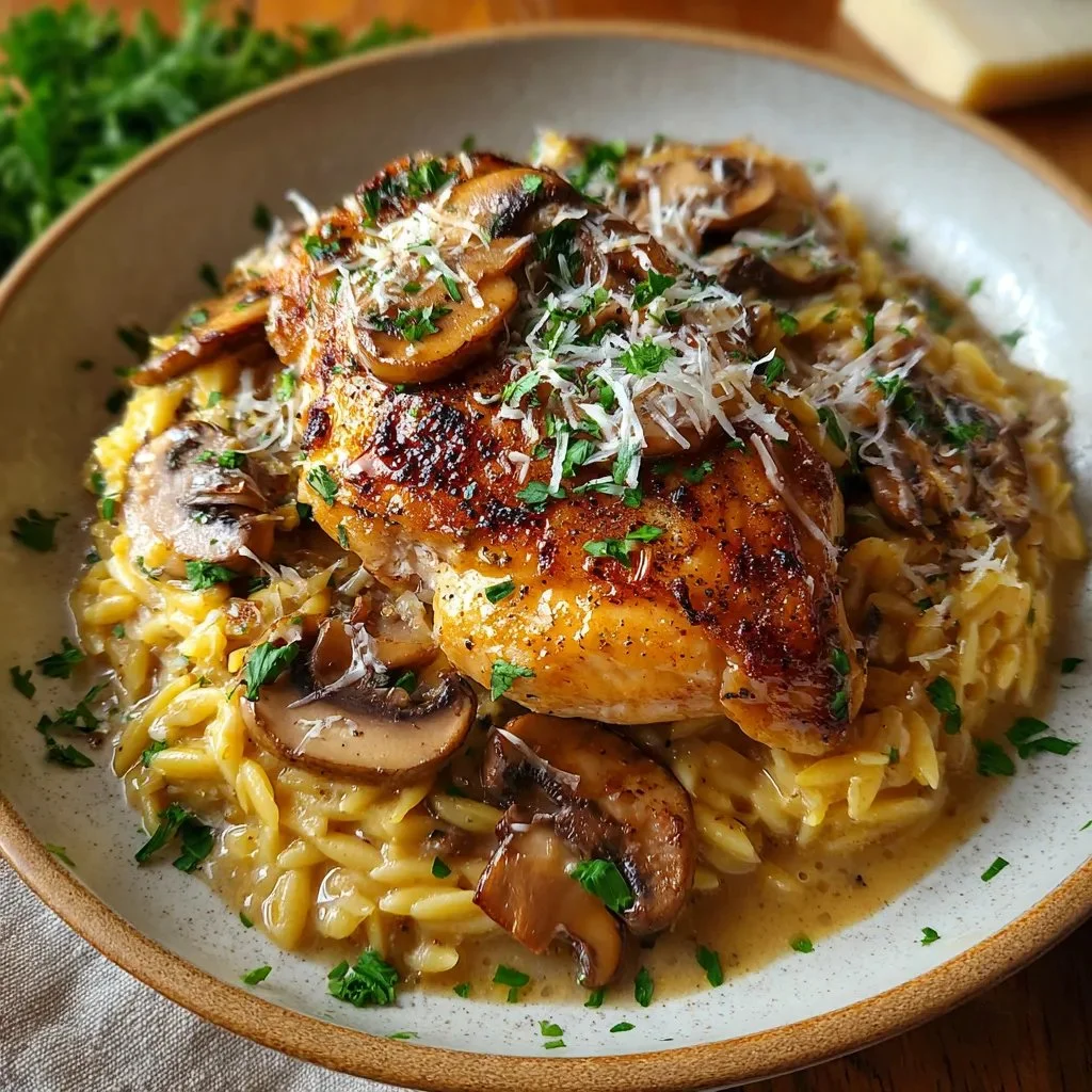 Savory Marsala Chicken dish served with creamy orzo in a gourmet presentation.