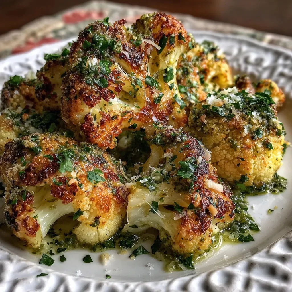 Savory roasted cauliflower topped with Parmesan and pesto on a white plate