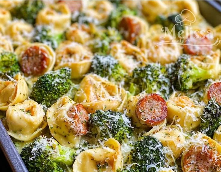 Sheet pan broccoli tortellini bake fresh out of the oven