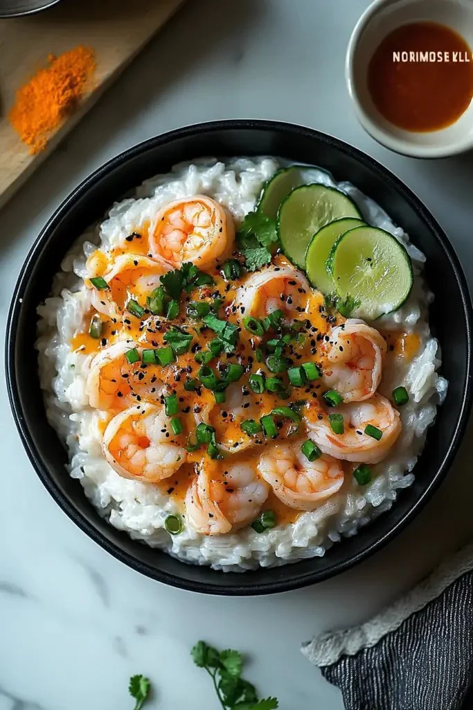 Shrimp rice bowls with spicy mayo served in a bowl