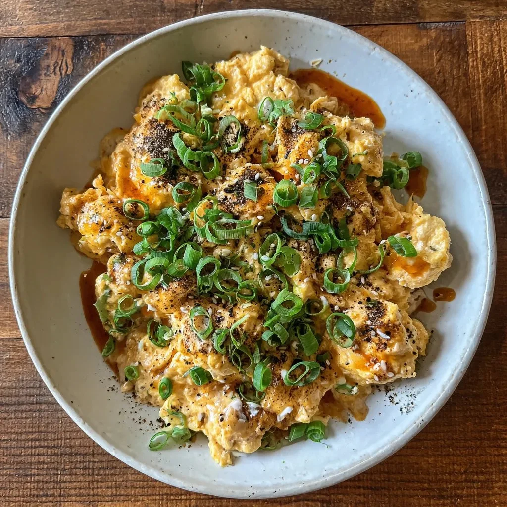 Bowl of silky miso scrambled eggs topped with green onions