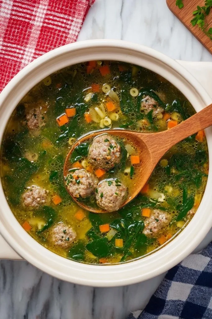 Bowl of Slow Cooker Italian Wedding Soup with Meatballs and fresh greens