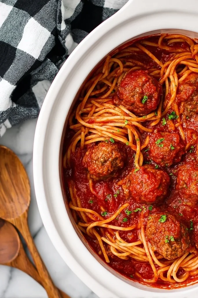 Delicious slow cooker spaghetti and meatballs served in a rich tomato sauce.