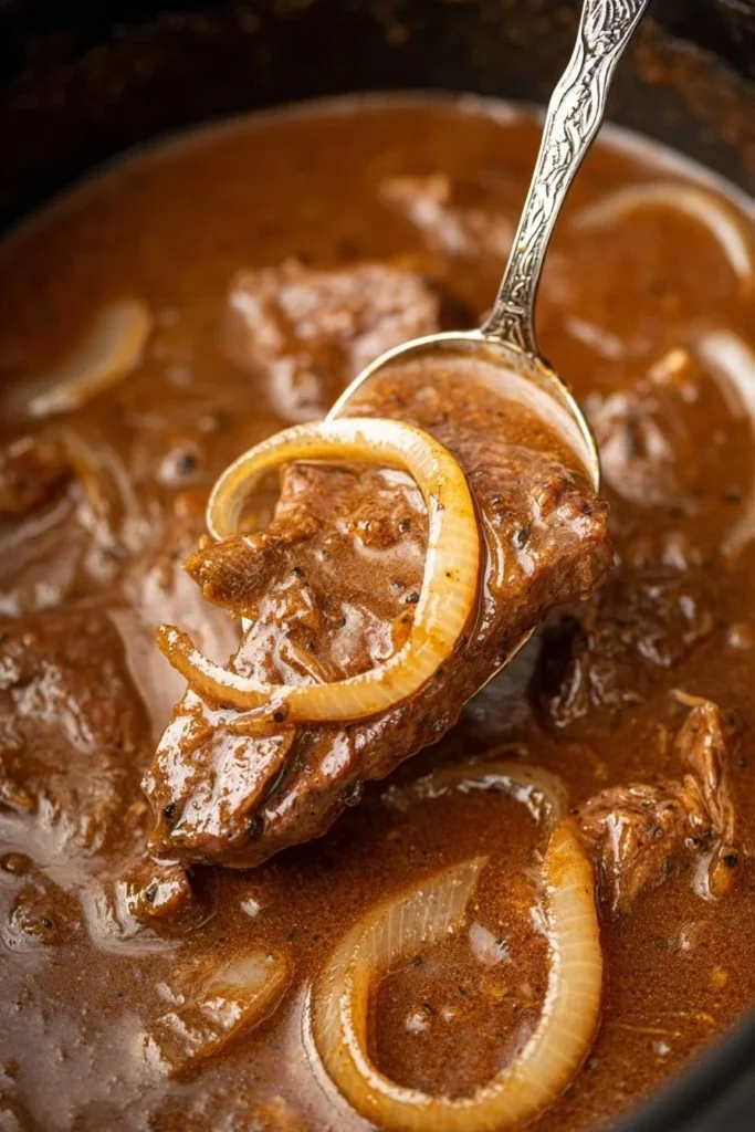 Delicious slow cooker steak and onion served on a plate