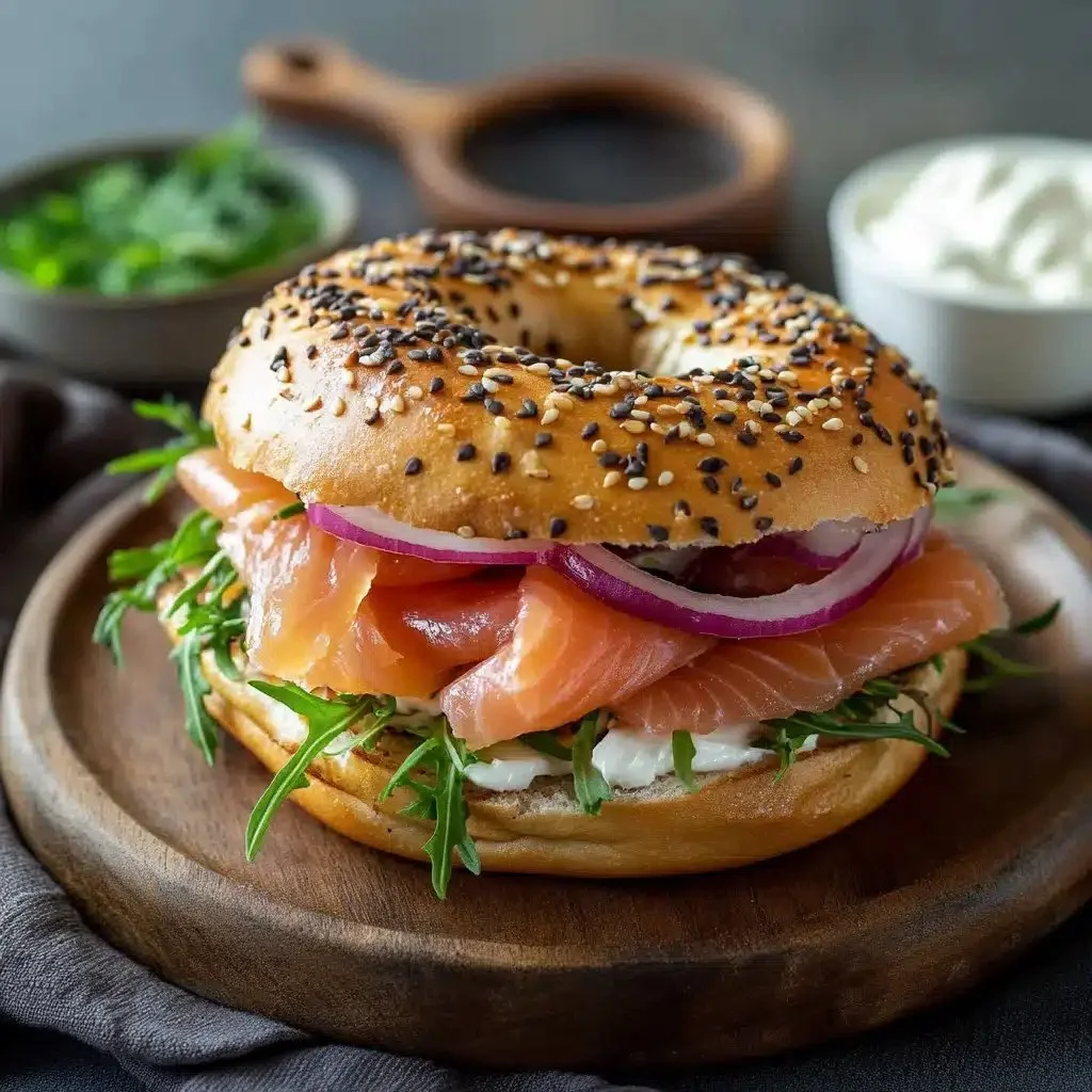 Delicious smoked salmon bagel garnished with capers and fresh dill