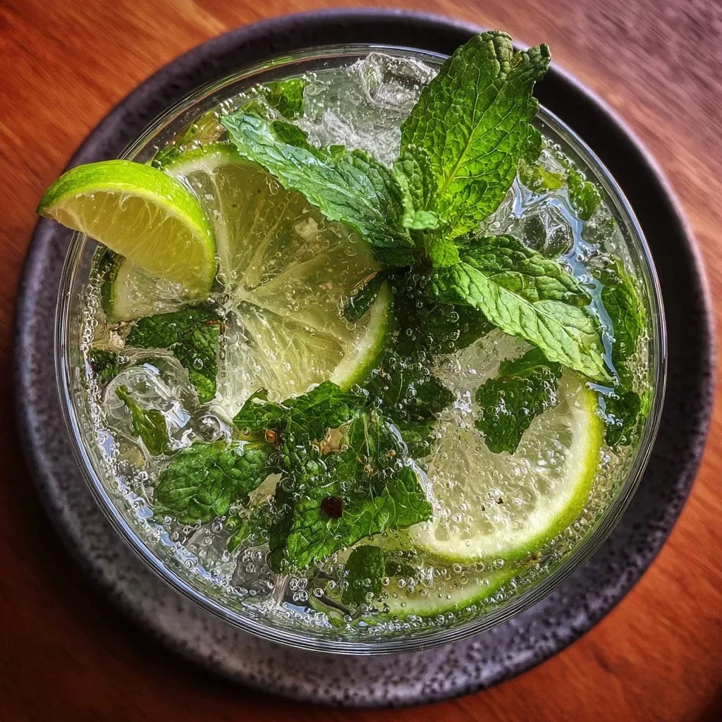 Sparkling zesty minty non-alcoholic mojito in a glass with mint leaves