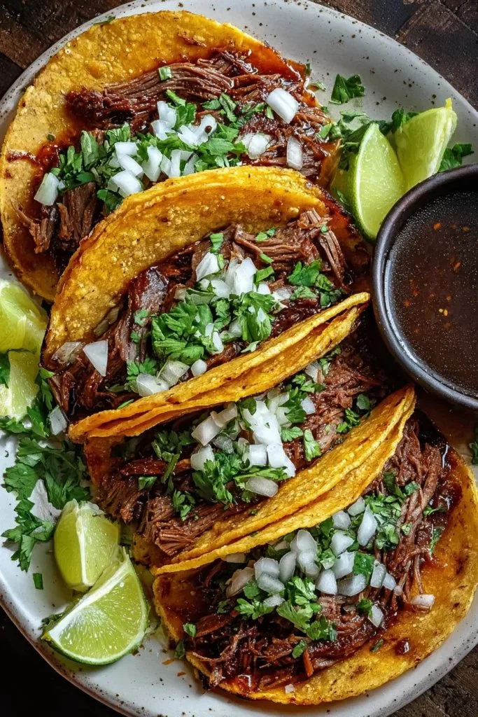 Delicious birria tacos served with cilantro and onions in a taco shell