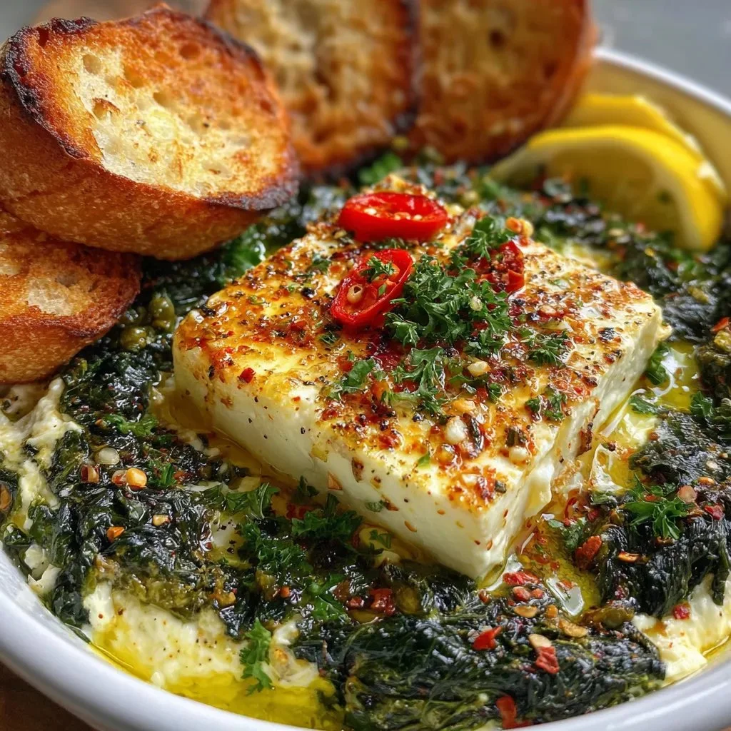 Spinach and Pepperoncini Baked Feta Dip served in a bowl