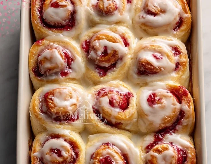 Strawberry cheesecake cinnamon rolls topped with fresh strawberries and cream.