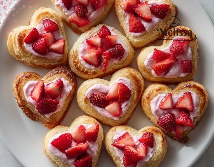 Heart-shaped Strawberry Cream Cheese Danishes fresh out of the oven