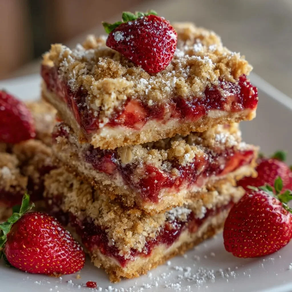 Delicious strawberry oatmeal crumble bars topped with a golden crust and fresh strawberries.