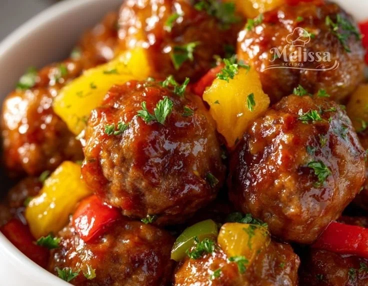 Delicious sweet and sour meatballs in a vibrant sauce served in a bowl.