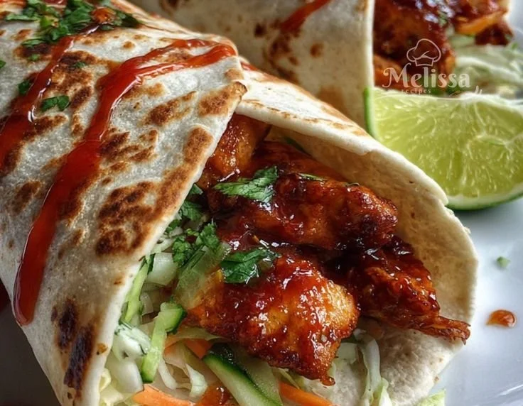 Delicious sweet chili chicken wraps displayed on a plate with fresh veggies.