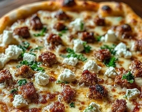 Sweet and spicy hot sausage feta honey pizza on a wooden pizza board