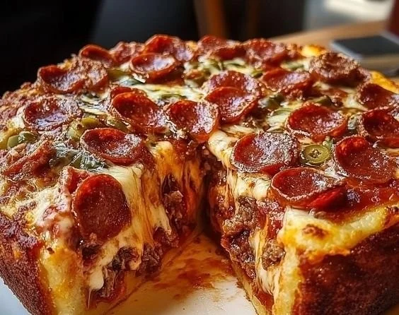 Ultimate Deep-Dish Meat Lover’s Pizza Pie with layers of toppings